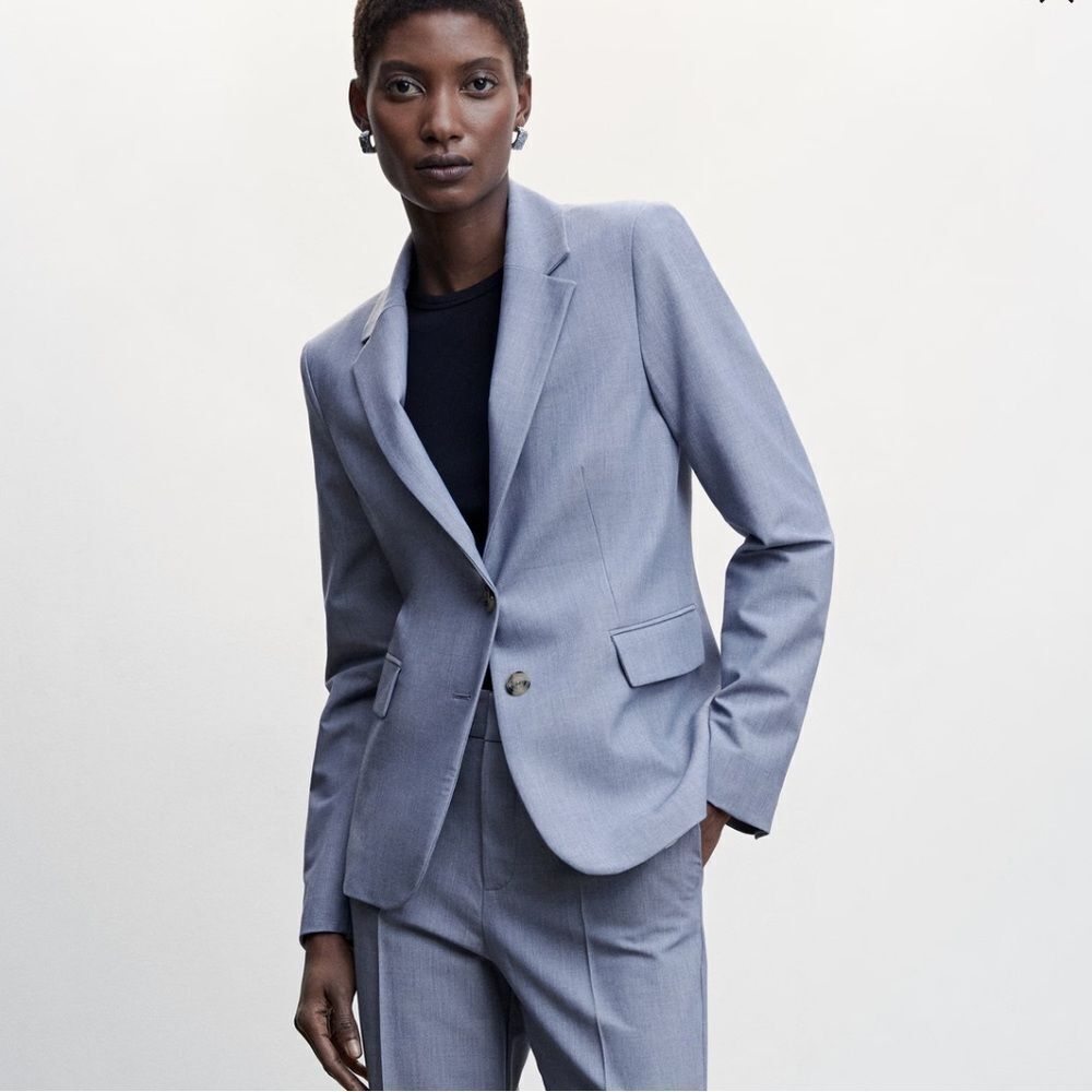 Mango Blue Peak Lapel Two Button Linen Blend Blazer | Size 4